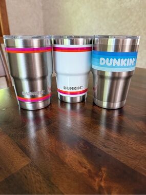 Dunkin Donuts 14oz White, Silver & Blue Insulated Tumbler - Set of 3 - RARE